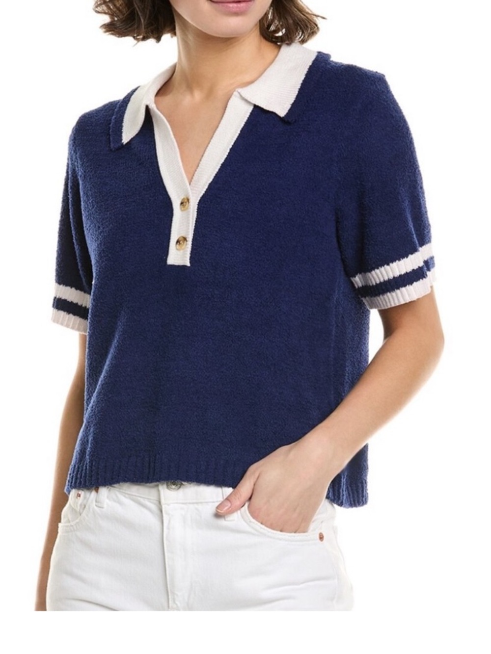 Central Park West Navy Short-Sleeve Polo Crop Top with Cream Trim